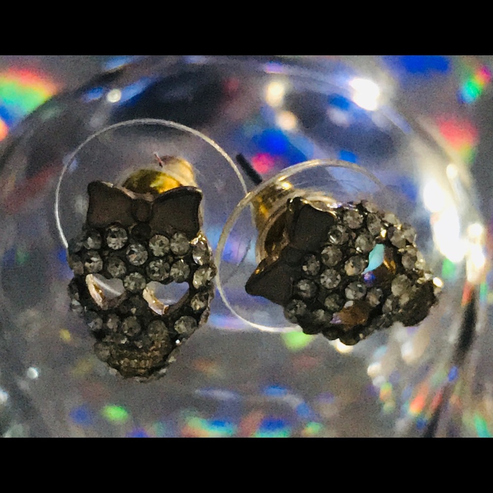 Betsey Johnson skull bow heart crystal earrings stud post vintage rare gothic